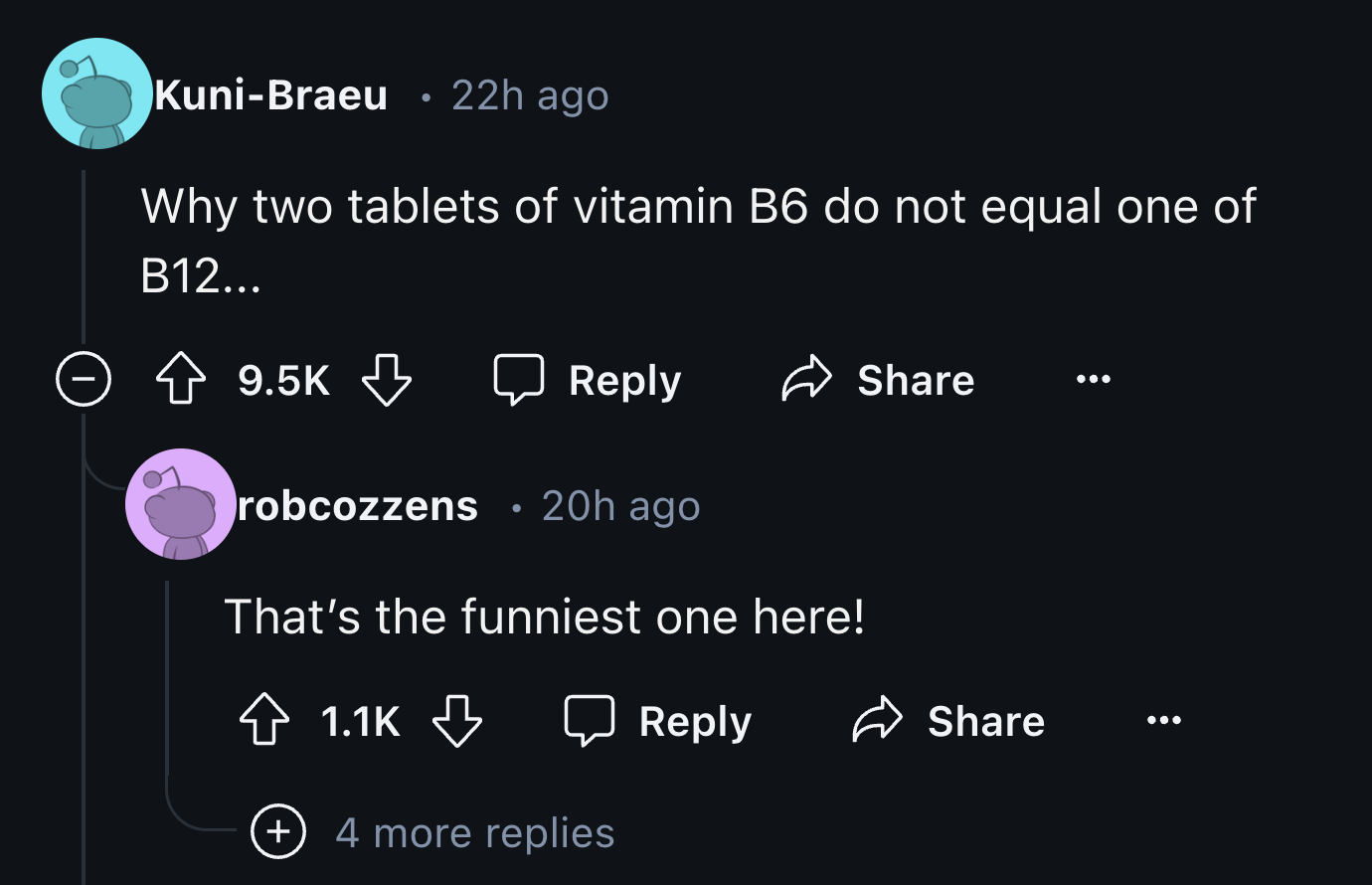 screenshot - KuniBraeu 22h ago Why two tablets of vitamin B6 do not equal one of B12... robcozzens 20h ago That's the funniest one here! 4 more replies